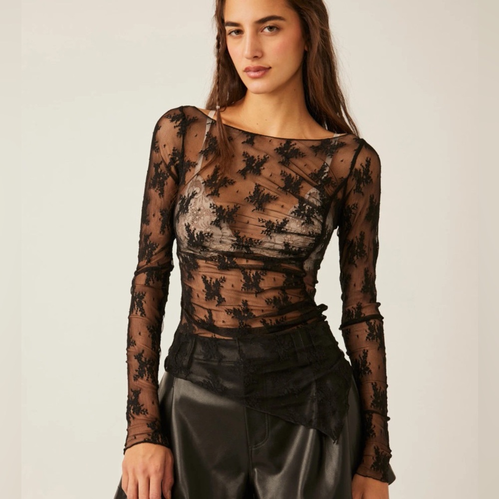 Free People Black Sheer Floral Lace Long Sleeve Top